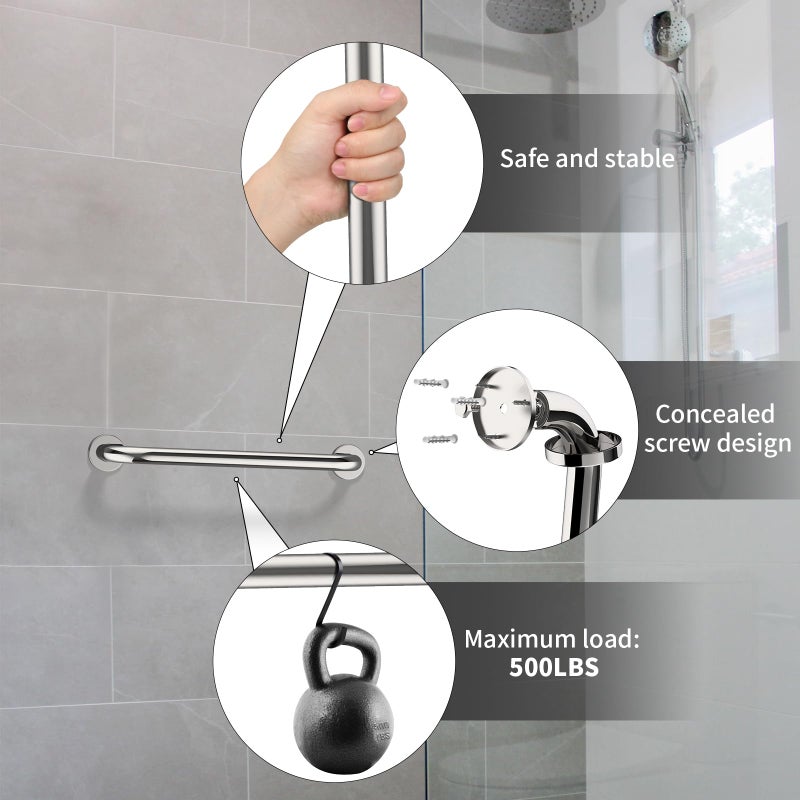 ZUEXT 16 Inch Stainless Steel Shower Grab Bar, ZUEXT Chrome Shower Handle, Bathroom Balance Bar, Safety Hand Rail Support Bar for Handicap Elderly Injury, Senior Assist Bath Tub Wall Concealed Mount Handle - Image 3